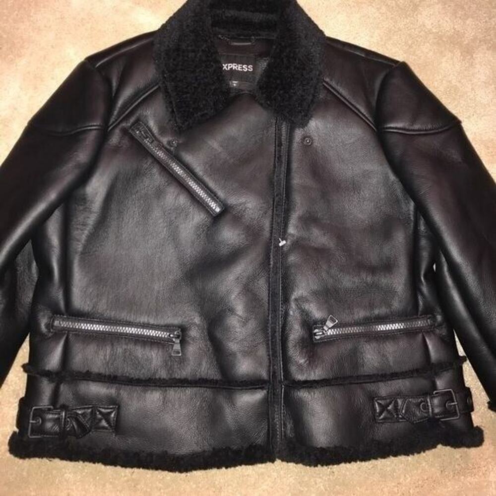 NEW Express black faux fur shearling Moto coat Sz XS Faux Leather Zipper chic - Picture 4 of 7
